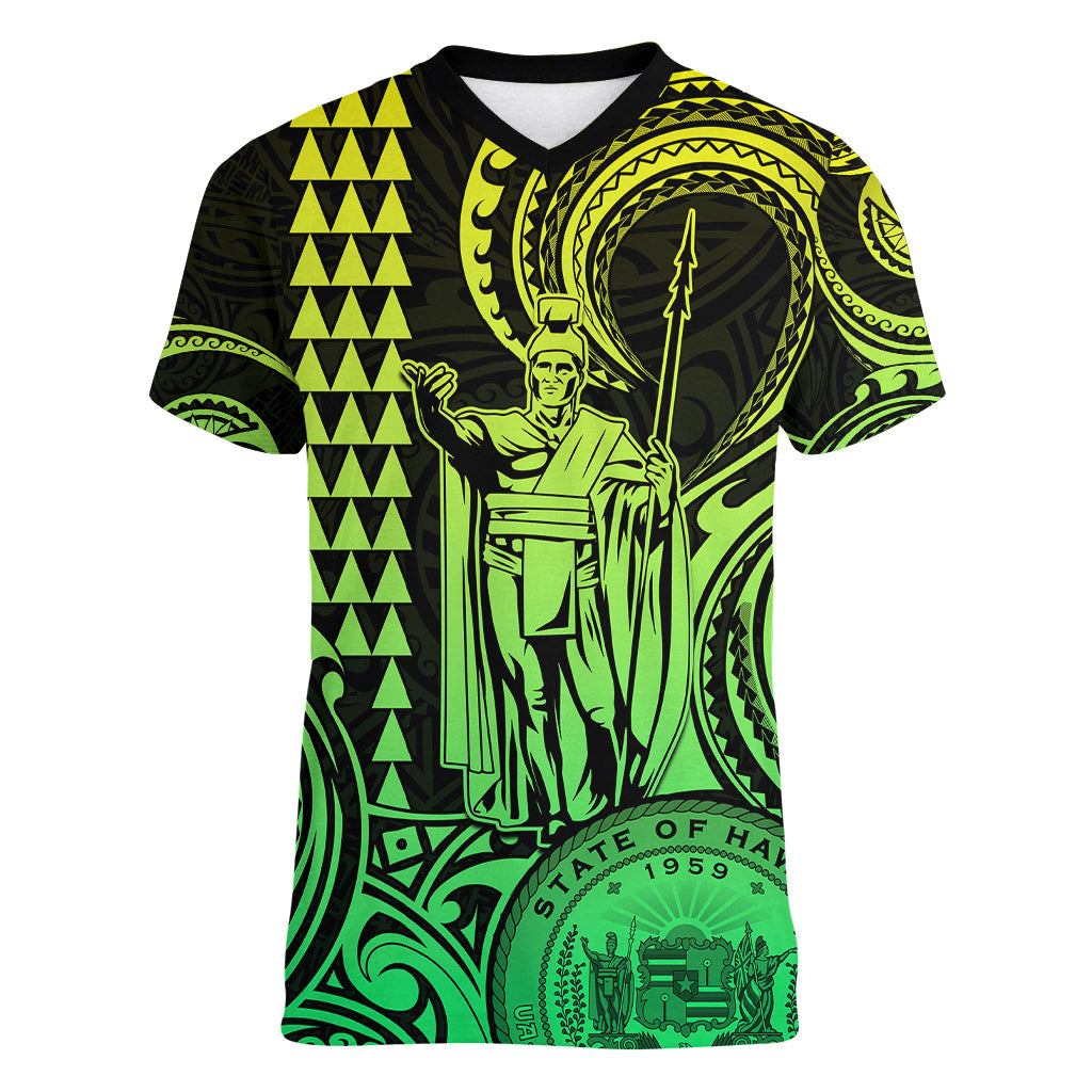 King Kamehameha Day Hawaii Women V Neck T Shirt Paradise of the Pacific Tribal Kakau with Kanaka Maoli - Lime LT9 Female Lime - Polynesian Pride