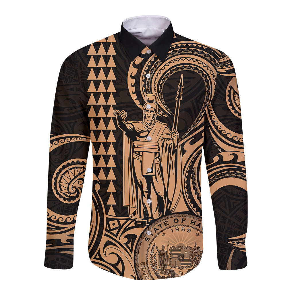 King Kamehameha Day Hawaii Long Sleeve Button Shirt Paradise of the Pacific Tribal Kakau with Kanaka Maoli - Nude LT9 Unisex Nude - Polynesian Pride