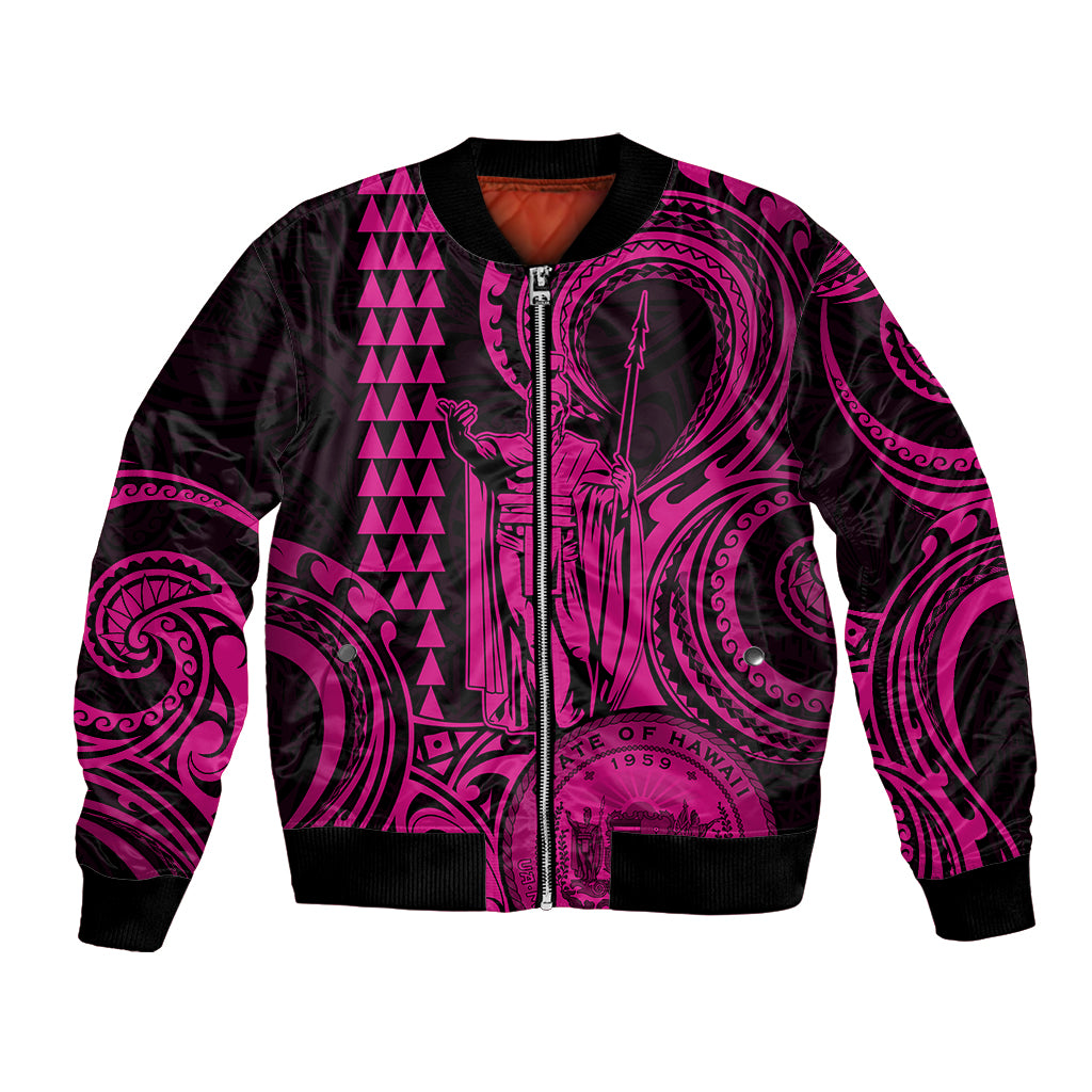 King Kamehameha Day Hawaii Bomber Jacket Paradise of the Pacific Tribal Kakau with Kanaka Maoli - Pink LT9 Unisex Pink - Polynesian Pride
