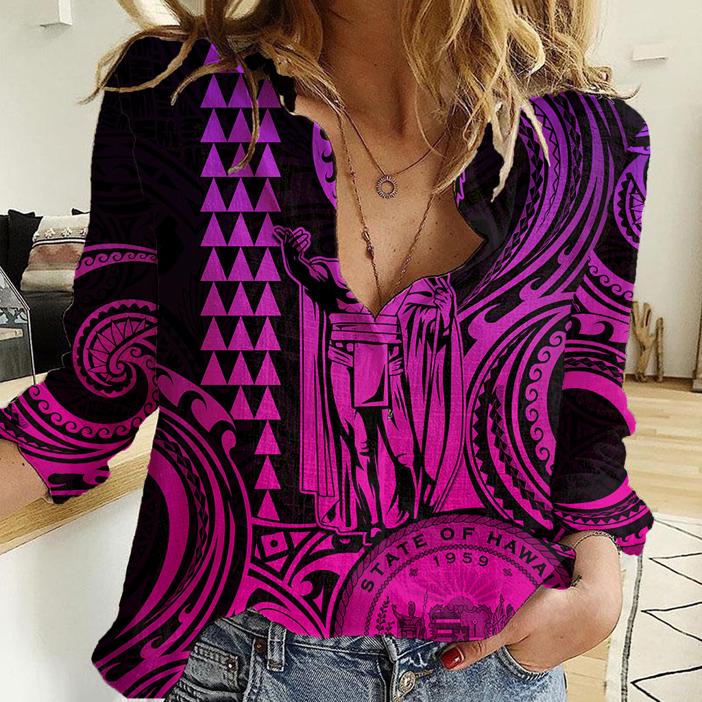 King Kamehameha Day Hawaii Women Casual Shirt Paradise of the Pacific Tribal Kakau with Kanaka Maoli - Pink Gradient LT9 Female Pink Gradient - Polynesian Pride