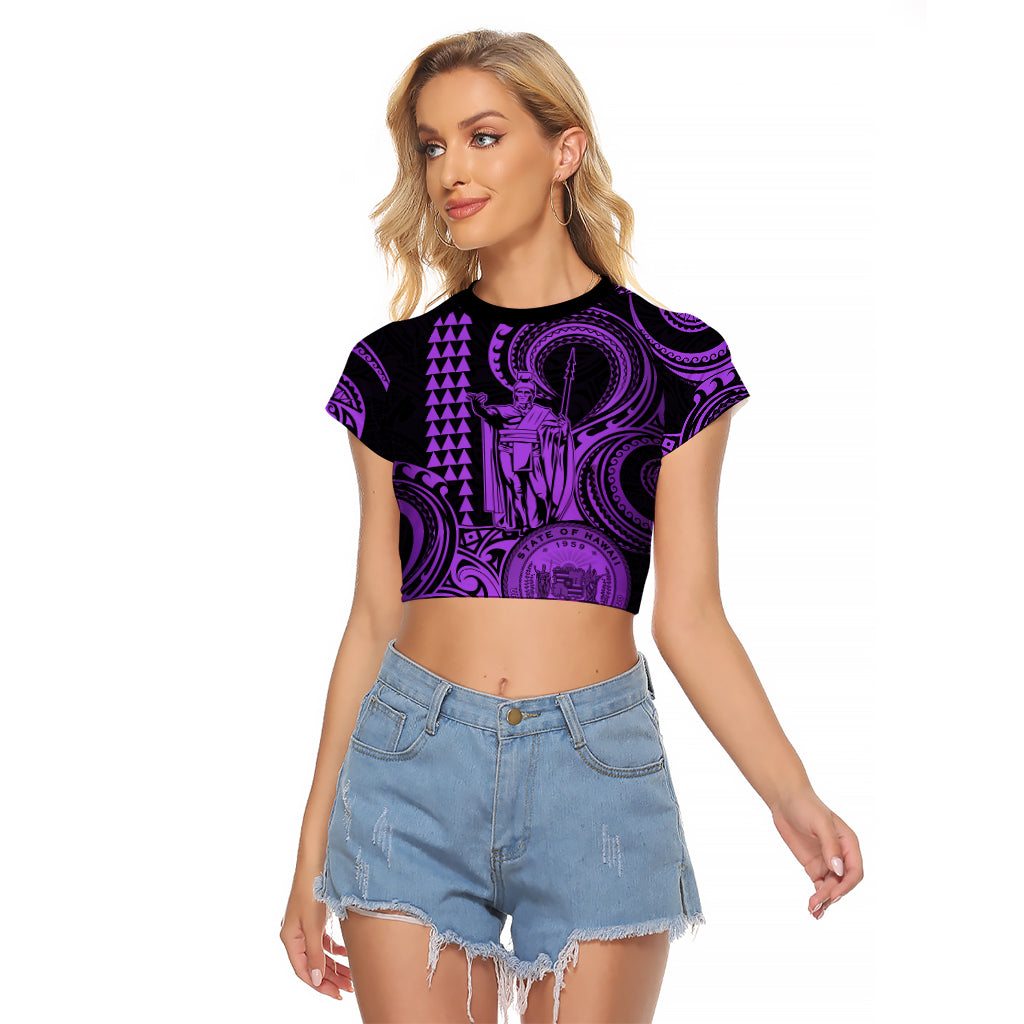 King Kamehameha Day Hawaii Raglan Cropped T Shirt Paradise of the Pacific Tribal Kakau with Kanaka Maoli - Purple LT9 Female Purple - Polynesian Pride