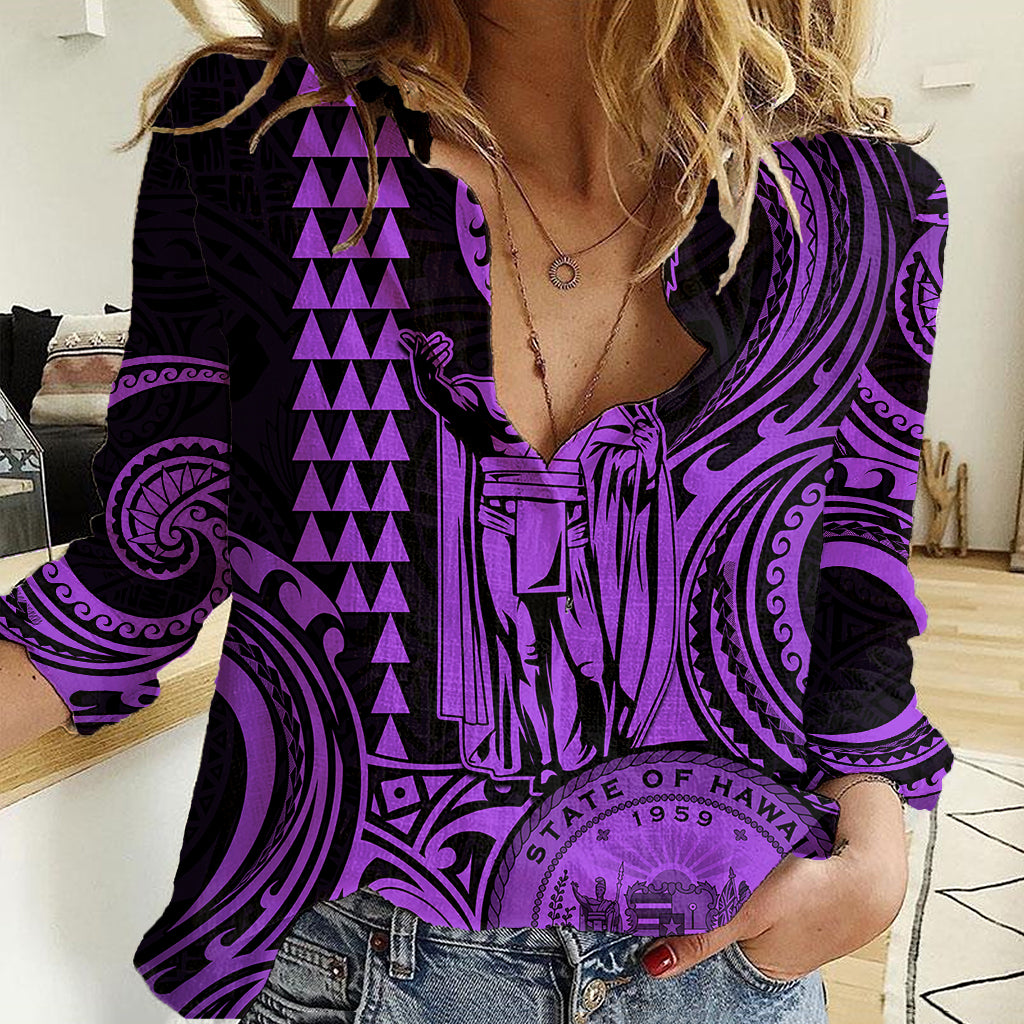 King Kamehameha Day Hawaii Women Casual Shirt Paradise of the Pacific Tribal Kakau with Kanaka Maoli - Purple LT9 Female Purple - Polynesian Pride