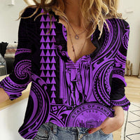 King Kamehameha Day Hawaii Women Casual Shirt Paradise of the Pacific Tribal Kakau with Kanaka Maoli - Purple LT9 Female Purple - Polynesian Pride