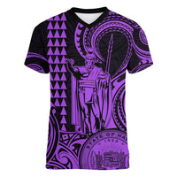 King Kamehameha Day Hawaii Women V Neck T Shirt Paradise of the Pacific Tribal Kakau with Kanaka Maoli - Purple LT9 Female Purple - Polynesian Pride