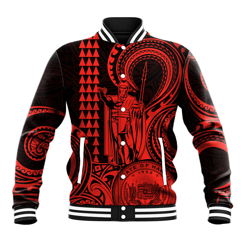 King Kamehameha Day Hawaii Baseball Jacket Paradise of the Pacific Tribal Kakau with Kanaka Maoli - Red LT9 Unisex Red - Polynesian Pride