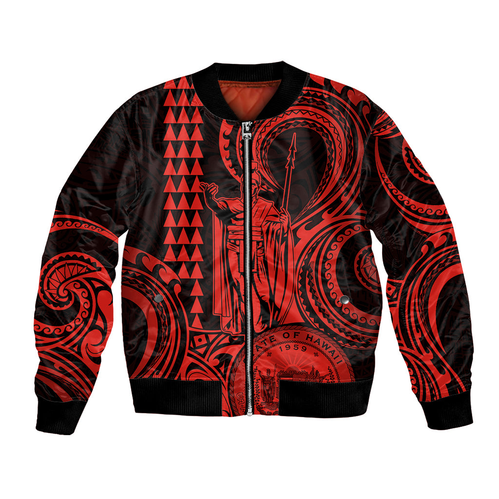 King Kamehameha Day Hawaii Bomber Jacket Paradise of the Pacific Tribal Kakau with Kanaka Maoli - Red LT9 Unisex Red - Polynesian Pride