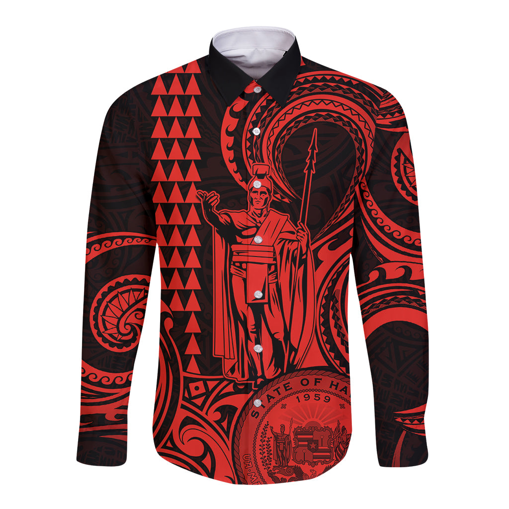 King Kamehameha Day Hawaii Long Sleeve Button Shirt Paradise of the Pacific Tribal Kakau with Kanaka Maoli - Red LT9 Unisex Red - Polynesian Pride