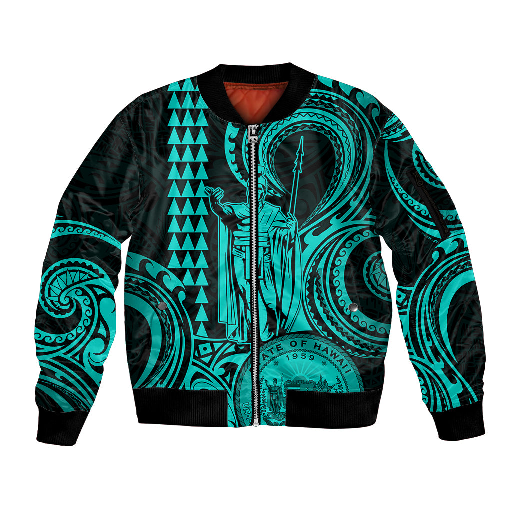 King Kamehameha Day Hawaii Sleeve Zip Bomber Jacket Paradise of the Pacific Tribal Kakau with Kanaka Maoli - Turquoise LT9 Unisex Turquoise - Polynesian Pride