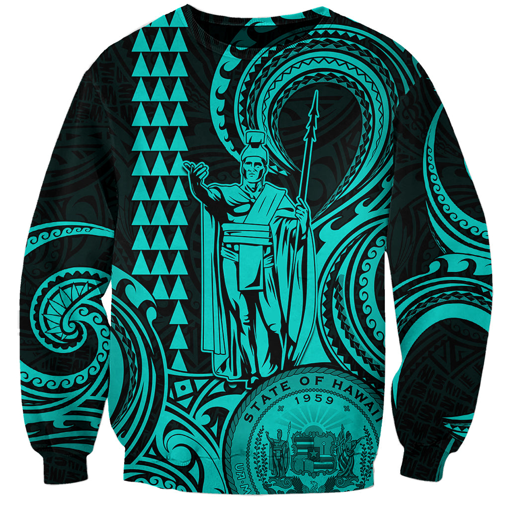 King Kamehameha Day Hawaii Sweatshirt Paradise of the Pacific Tribal Kakau with Kanaka Maoli - Turquoise LT9 Unisex Turquoise - Polynesian Pride