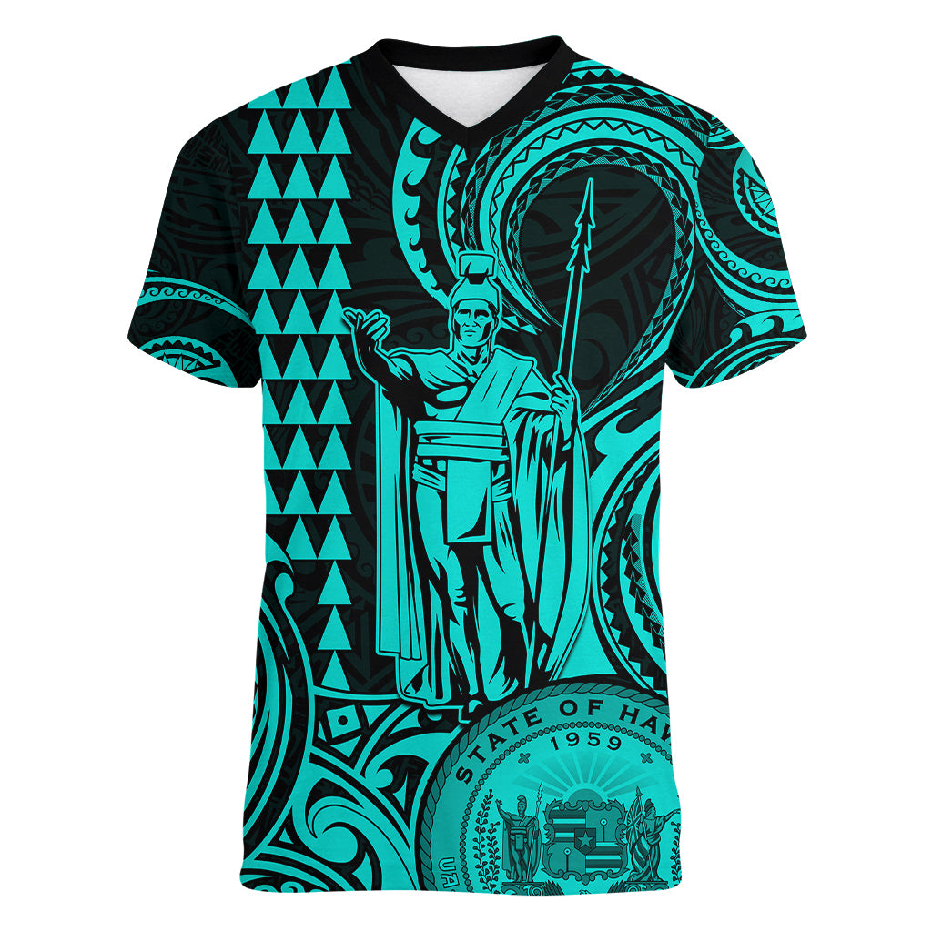 King Kamehameha Day Hawaii Women V Neck T Shirt Paradise of the Pacific Tribal Kakau with Kanaka Maoli - Turquoise LT9 Female Turquoise - Polynesian Pride