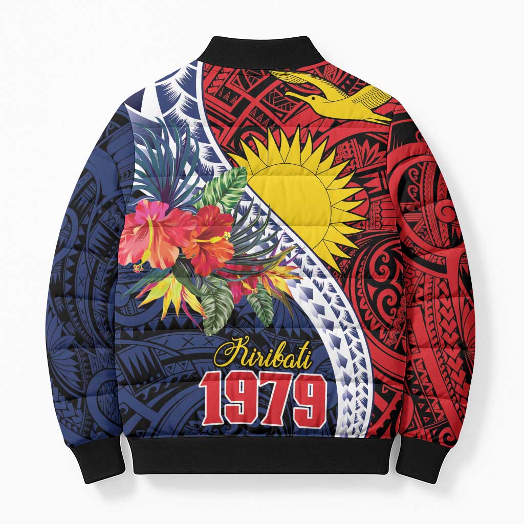 Flag of Kiribati Polynesian Pattern Bomber Puffer Jacket Est 1979 With Tropical Flowers LT9 - Polynesian Pride