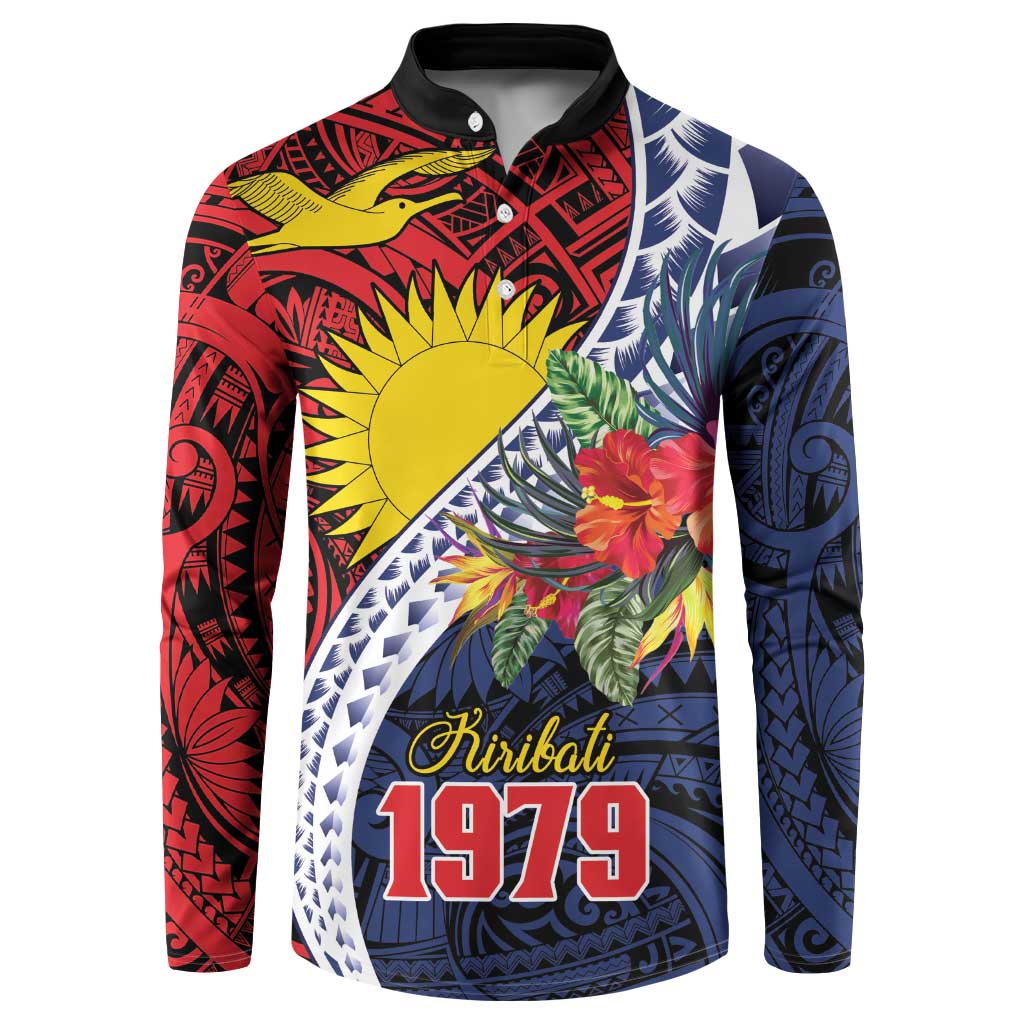 Flag of Kiribati Polynesian Pattern Button Sweatshirt Est 1979 With Tropical Flowers LT9 Red - Polynesian Pride