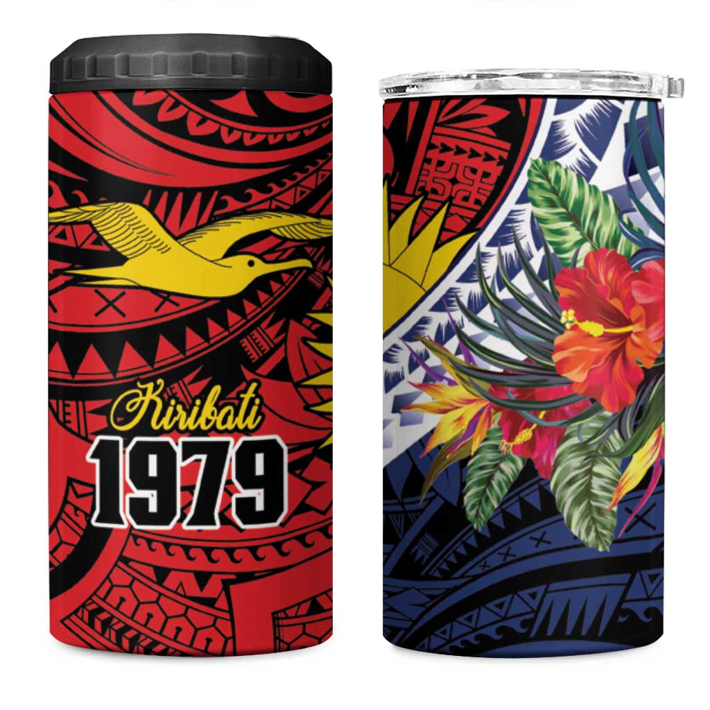 Flag of Kiribati Polynesian Pattern 4 in 1 Can Cooler Tumbler Est 1979 With Tropical Flowers LT9 One Size: 16 oz Red - Polynesian Pride