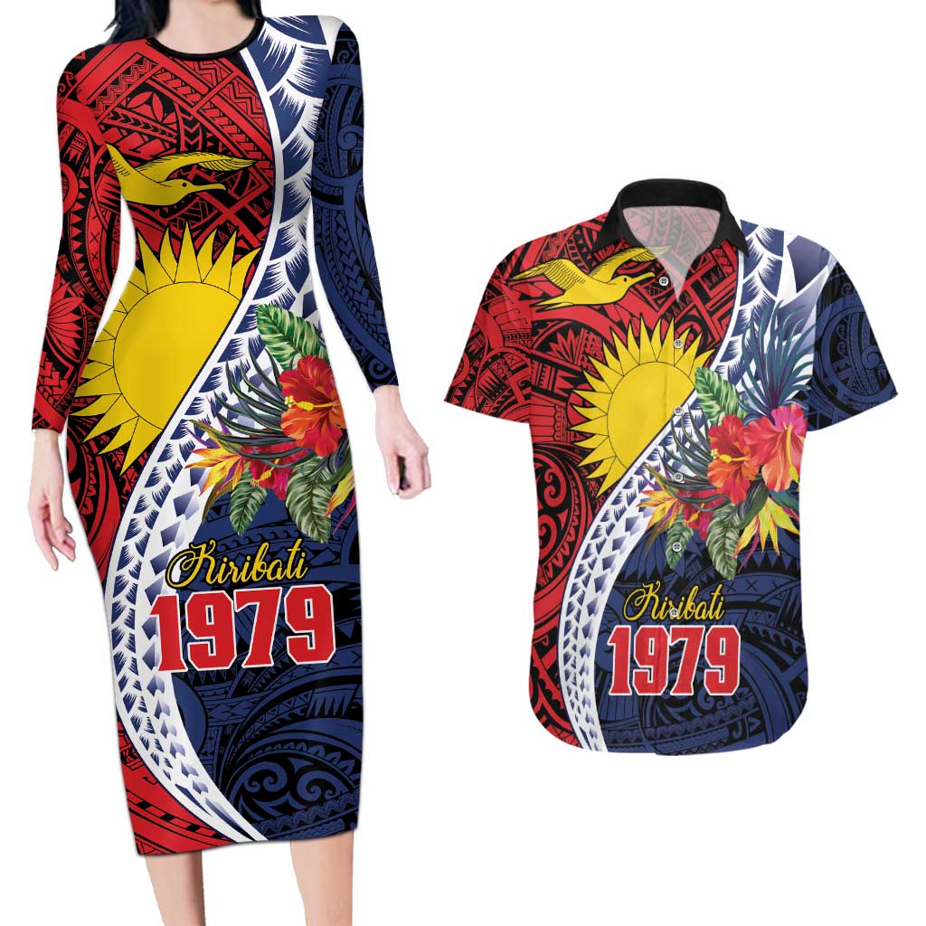 Flag of Kiribati Polynesian Pattern Couples Matching Long Sleeve Bodycon Dress and Hawaiian Shirt Est 1979 With Tropical Flowers