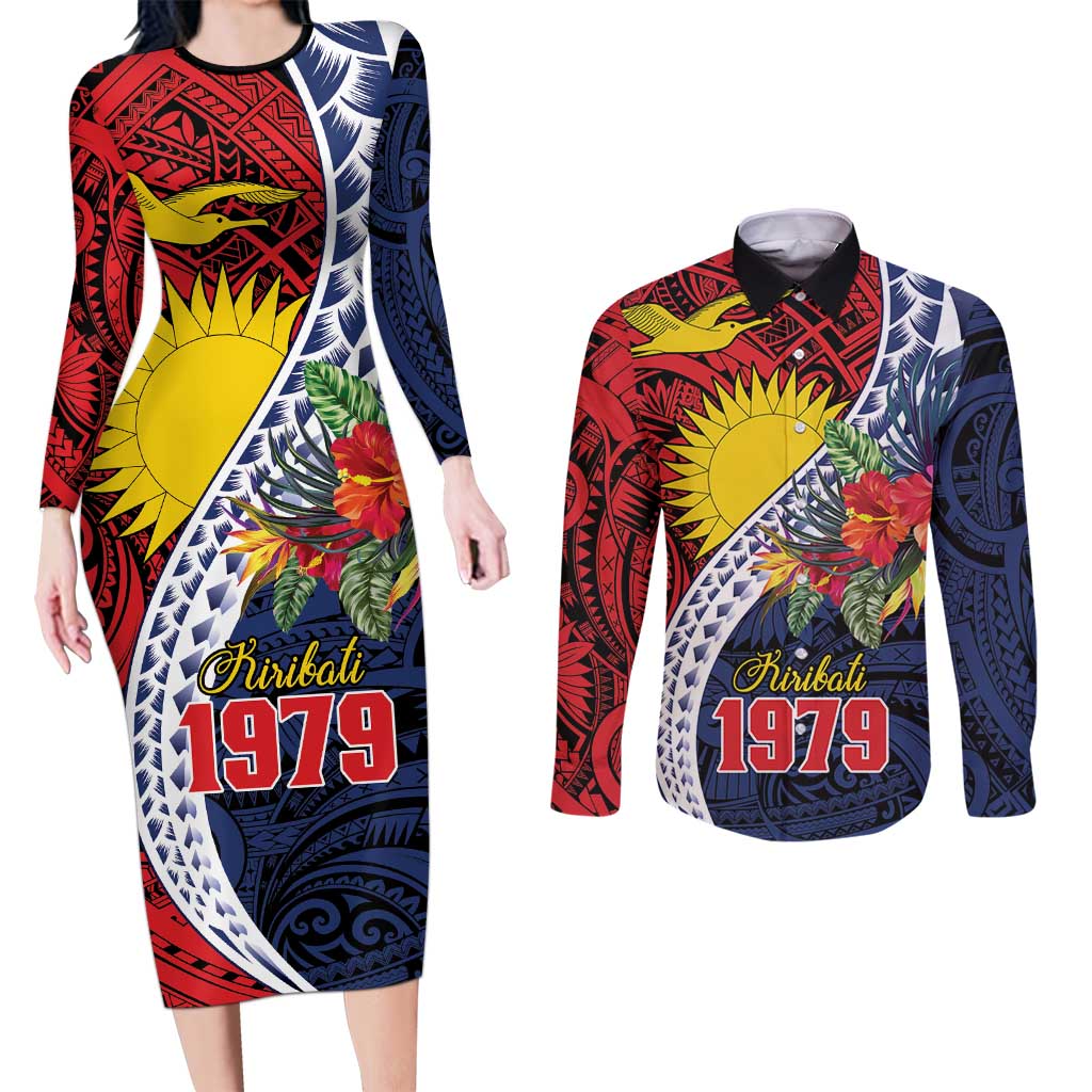 Flag of Kiribati Polynesian Pattern Couples Matching Long Sleeve Bodycon Dress and Long Sleeve Button Shirt Est 1979 With Tropical Flowers LT9 Red - Polynesian Pride