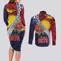 Flag of Kiribati Polynesian Pattern Couples Matching Long Sleeve Bodycon Dress and Long Sleeve Button Shirt Est 1979 With Tropical Flowers LT9 - Polynesian Pride