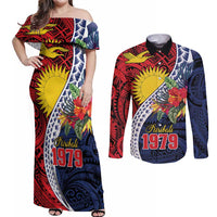 Flag of Kiribati Polynesian Pattern Couples Matching Off Shoulder Maxi Dress and Long Sleeve Button Shirt Est 1979 With Tropical Flowers LT9 Red - Polynesian Pride