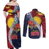 Flag of Kiribati Polynesian Pattern Couples Matching Off Shoulder Maxi Dress and Long Sleeve Button Shirt Est 1979 With Tropical Flowers LT9 - Polynesian Pride