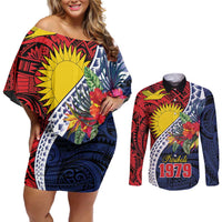 Flag of Kiribati Polynesian Pattern Couples Matching Off Shoulder Short Dress and Long Sleeve Button Shirt Est 1979 With Tropical Flowers LT9 Red - Polynesian Pride