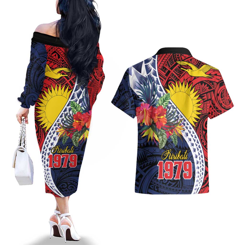 Flag of Kiribati Polynesian Pattern Couples Matching Off The Shoulder Long Sleeve Dress and Hawaiian Shirt Est 1979 With Tropical Flowers