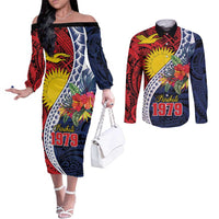 Flag of Kiribati Polynesian Pattern Couples Matching Off The Shoulder Long Sleeve Dress and Long Sleeve Button Shirt Est 1979 With Tropical Flowers LT9 Red - Polynesian Pride