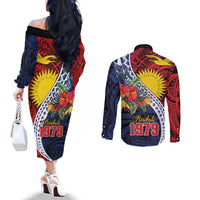 Flag of Kiribati Polynesian Pattern Couples Matching Off The Shoulder Long Sleeve Dress and Long Sleeve Button Shirt Est 1979 With Tropical Flowers LT9 - Polynesian Pride
