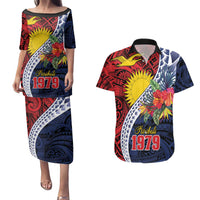 Flag of Kiribati Polynesian Pattern Couples Matching Puletasi and Hawaiian Shirt Est 1979 With Tropical Flowers LT9 Red - Polynesian Pride