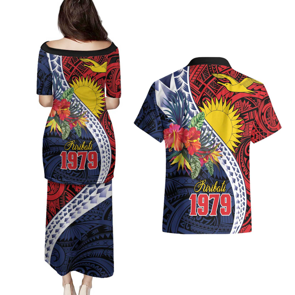 Flag of Kiribati Polynesian Pattern Couples Matching Puletasi and Hawaiian Shirt Est 1979 With Tropical Flowers LT9 - Polynesian Pride