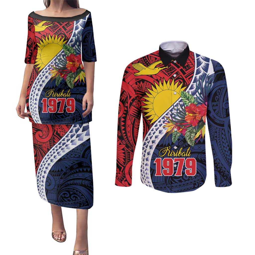 Flag of Kiribati Polynesian Pattern Couples Matching Puletasi and Long Sleeve Button Shirt Est 1979 With Tropical Flowers LT9 Red - Polynesian Pride