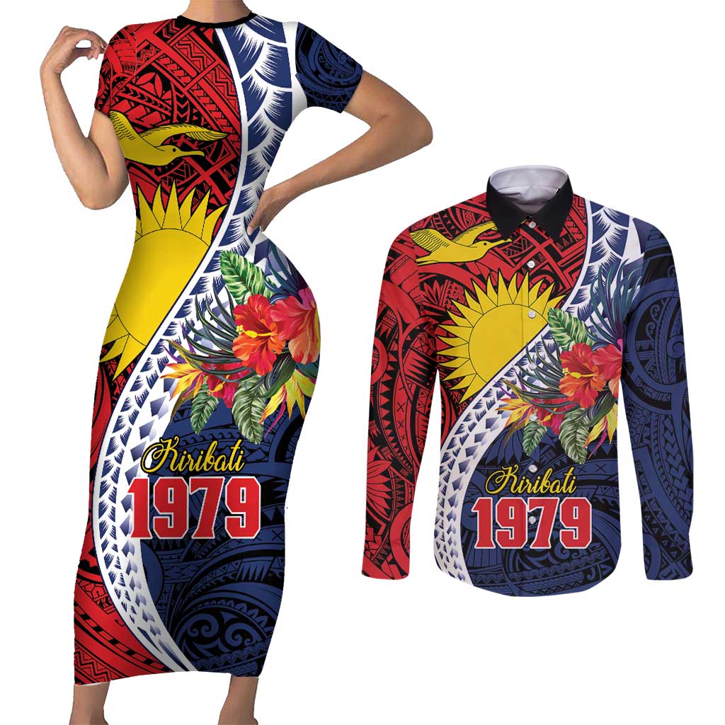 Flag of Kiribati Polynesian Pattern Couples Matching Short Sleeve Bodycon Dress and Long Sleeve Button Shirt Est 1979 With Tropical Flowers LT9 Red - Polynesian Pride