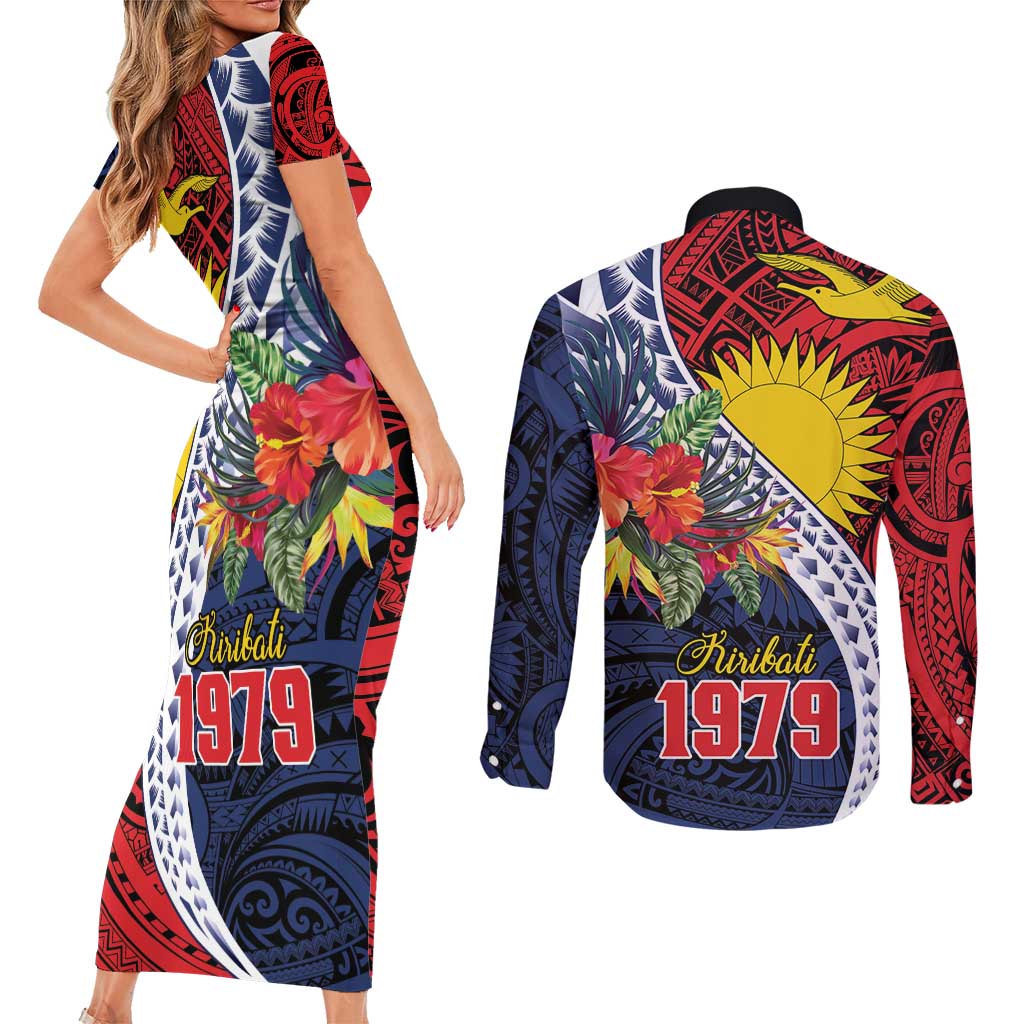 Flag of Kiribati Polynesian Pattern Couples Matching Short Sleeve Bodycon Dress and Long Sleeve Button Shirt Est 1979 With Tropical Flowers LT9 - Polynesian Pride