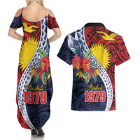 Flag of Kiribati Polynesian Pattern Couples Matching Summer Maxi Dress and Hawaiian Shirt Est 1979 With Tropical Flowers LT9 - Polynesian Pride
