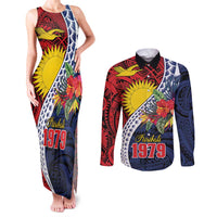Flag of Kiribati Polynesian Pattern Couples Matching Tank Maxi Dress and Long Sleeve Button Shirt Est 1979 With Tropical Flowers LT9 Red - Polynesian Pride