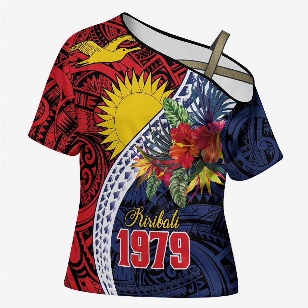 Flag of Kiribati Polynesian Pattern Cross Shoulder Shirt Est 1979 With Tropical Flowers LT9 Female Red - Polynesian Pride