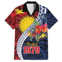 Flag of Kiribati Polynesian Pattern Family Matching Off The Shoulder Long Sleeve Dress and Hawaiian Shirt Est 1979 With Tropical Flowers