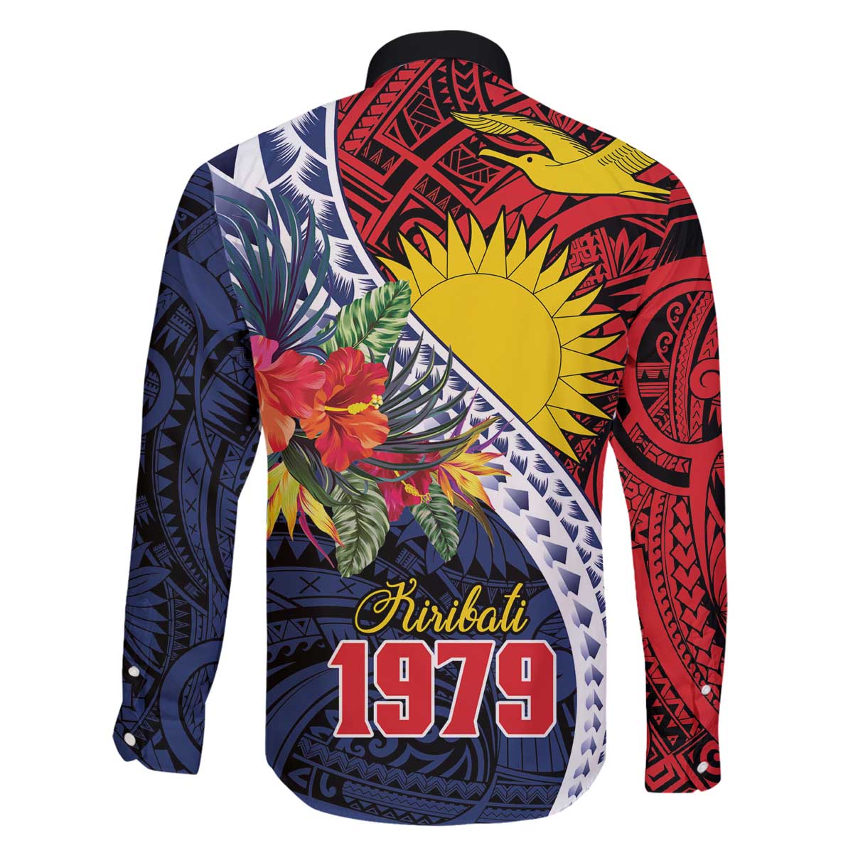 Flag of Kiribati Polynesian Pattern Family Matching Off The Shoulder Long Sleeve Dress and Hawaiian Shirt Est 1979 With Tropical Flowers