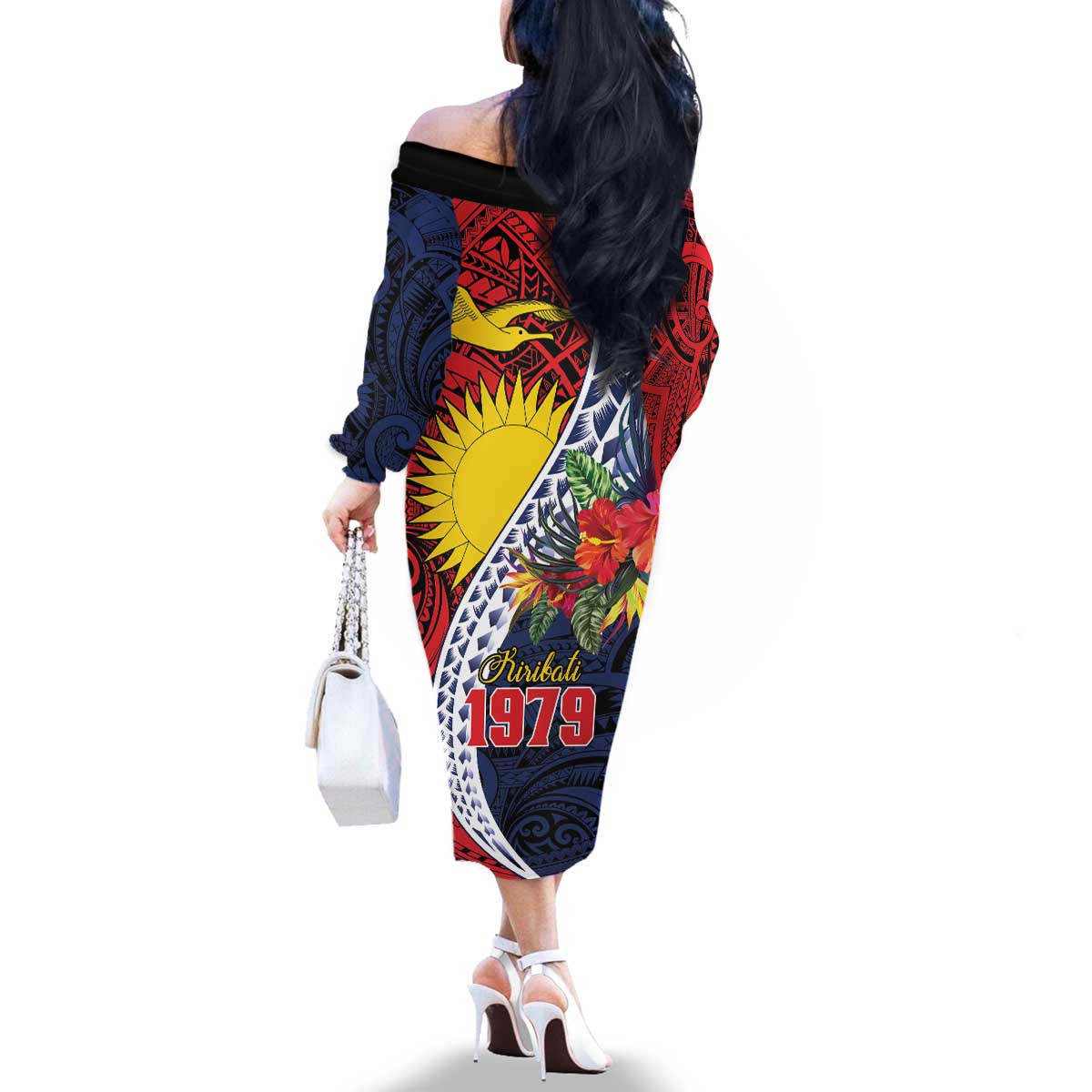 Flag of Kiribati Polynesian Pattern Family Matching Off The Shoulder Long Sleeve Dress and Hawaiian Shirt Est 1979 With Tropical Flowers