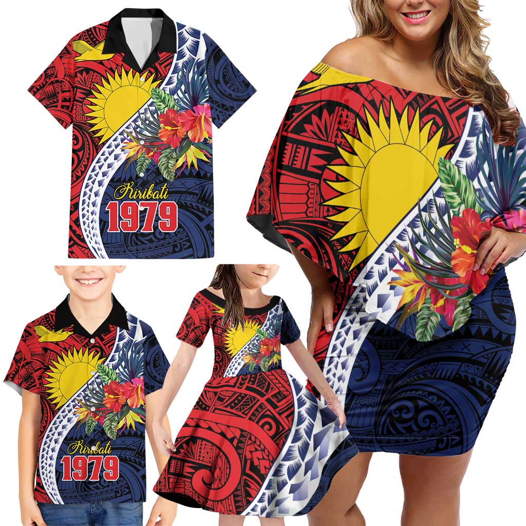 Flag of Kiribati Polynesian Pattern Family Matching Off Shoulder Short Dress and Hawaiian Shirt Est 1979 With Tropical Flowers