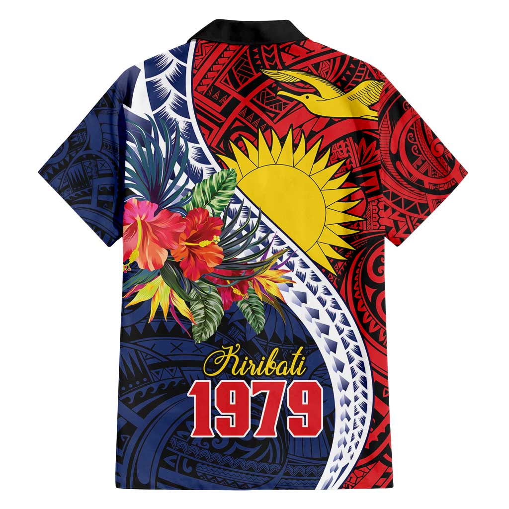 Flag of Kiribati Polynesian Pattern Family Matching Off Shoulder Short Dress and Hawaiian Shirt Est 1979 With Tropical Flowers