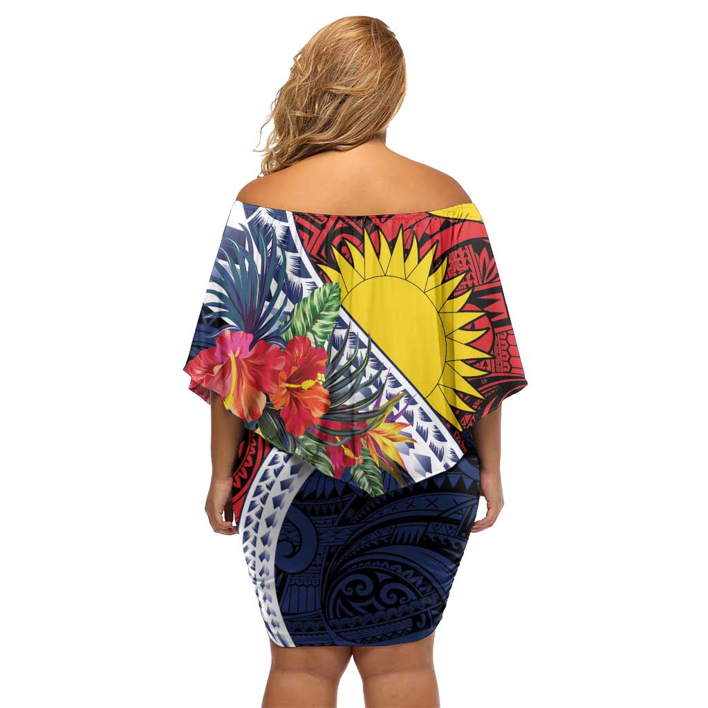 Flag of Kiribati Polynesian Pattern Family Matching Off Shoulder Short Dress and Hawaiian Shirt Est 1979 With Tropical Flowers