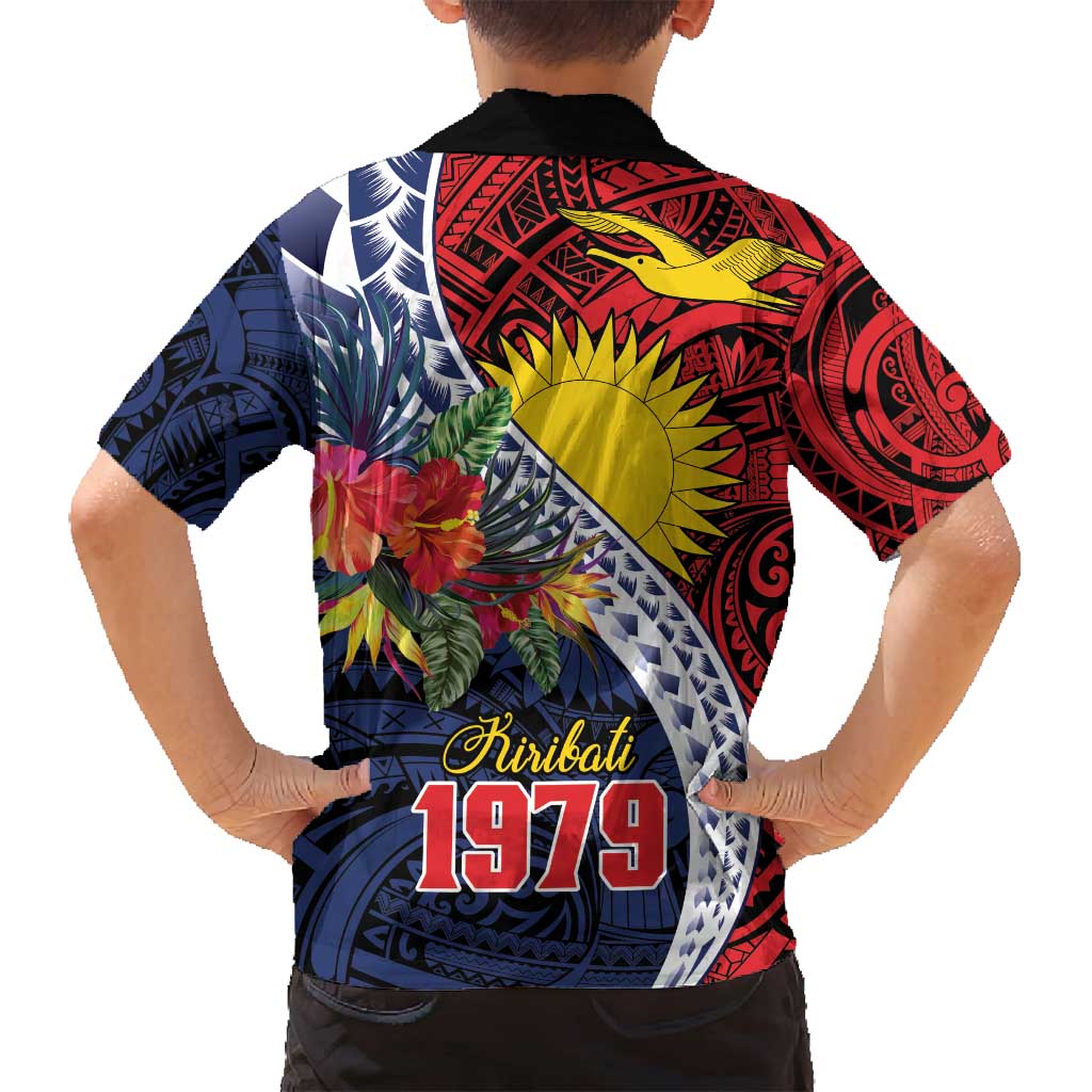 Flag of Kiribati Polynesian Pattern Family Matching Puletasi and Hawaiian Shirt Est 1979 With Tropical Flowers