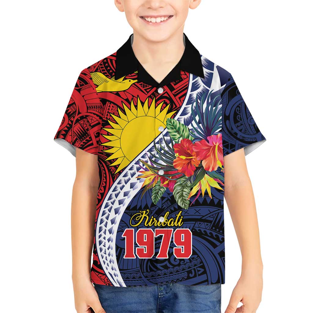 Flag of Kiribati Polynesian Pattern Family Matching Puletasi and Hawaiian Shirt Est 1979 With Tropical Flowers