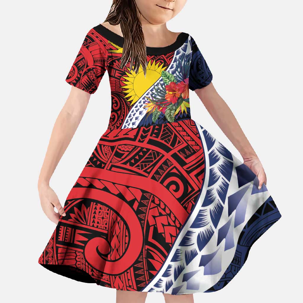 Flag of Kiribati Polynesian Pattern Family Matching Short Sleeve Bodycon Dress and Hawaiian Shirt Est 1979 With Tropical Flowers LT9 Daughter's Dress Red - Polynesian Pride