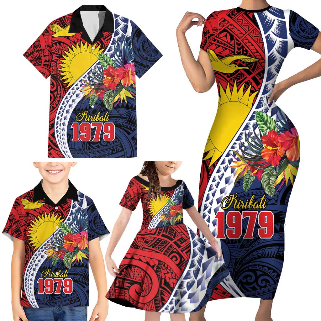 Flag of Kiribati Polynesian Pattern Family Matching Short Sleeve Bodycon Dress and Hawaiian Shirt Est 1979 With Tropical Flowers
