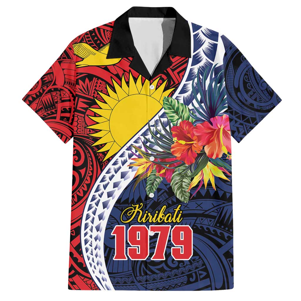 Flag of Kiribati Polynesian Pattern Family Matching Short Sleeve Bodycon Dress and Hawaiian Shirt Est 1979 With Tropical Flowers LT9 Dad's Shirt - Short Sleeve Red - Polynesian Pride