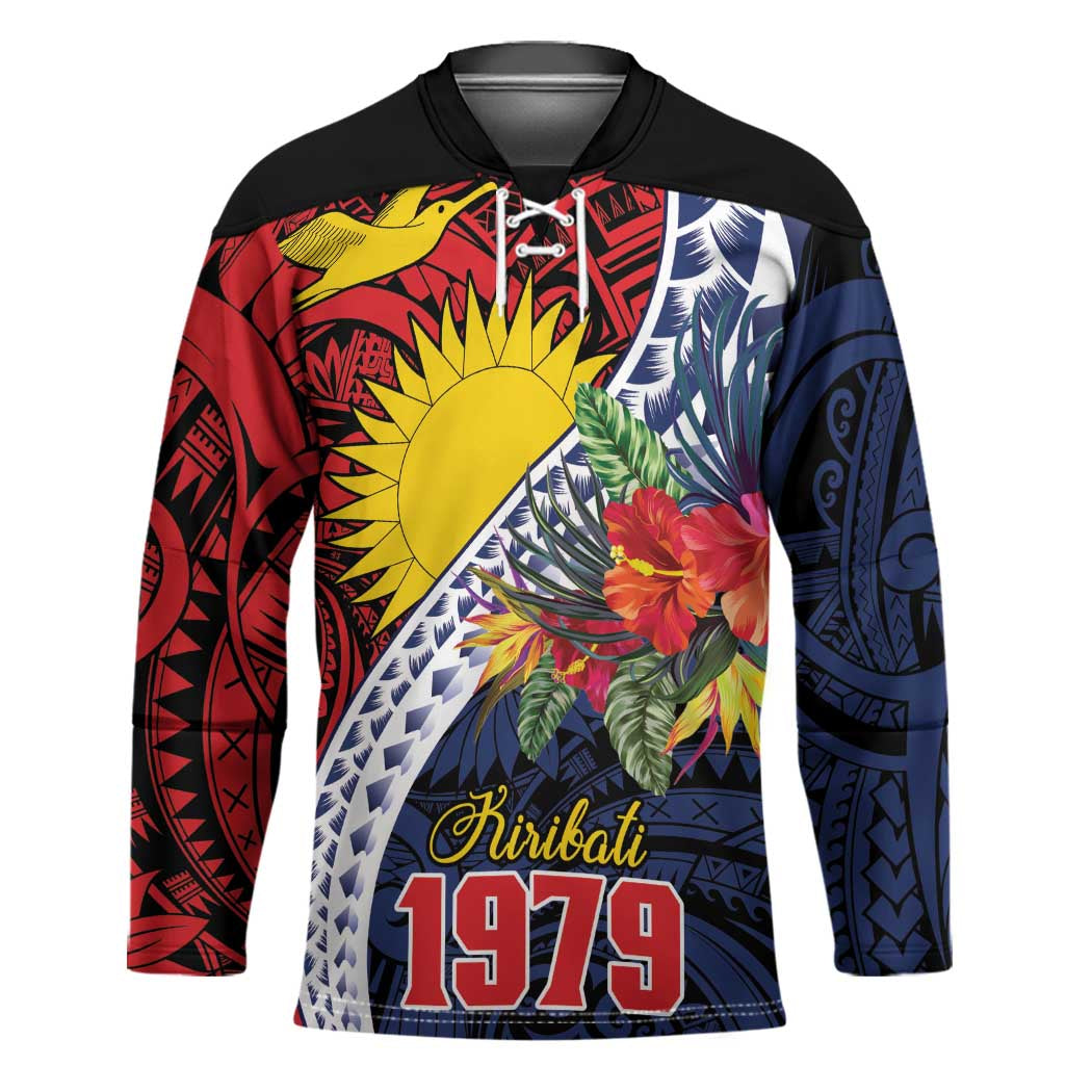 Flag of Kiribati Polynesian Pattern Hockey Jersey Est 1979 With Tropical Flowers LT9 Unisex Red - Polynesian Pride