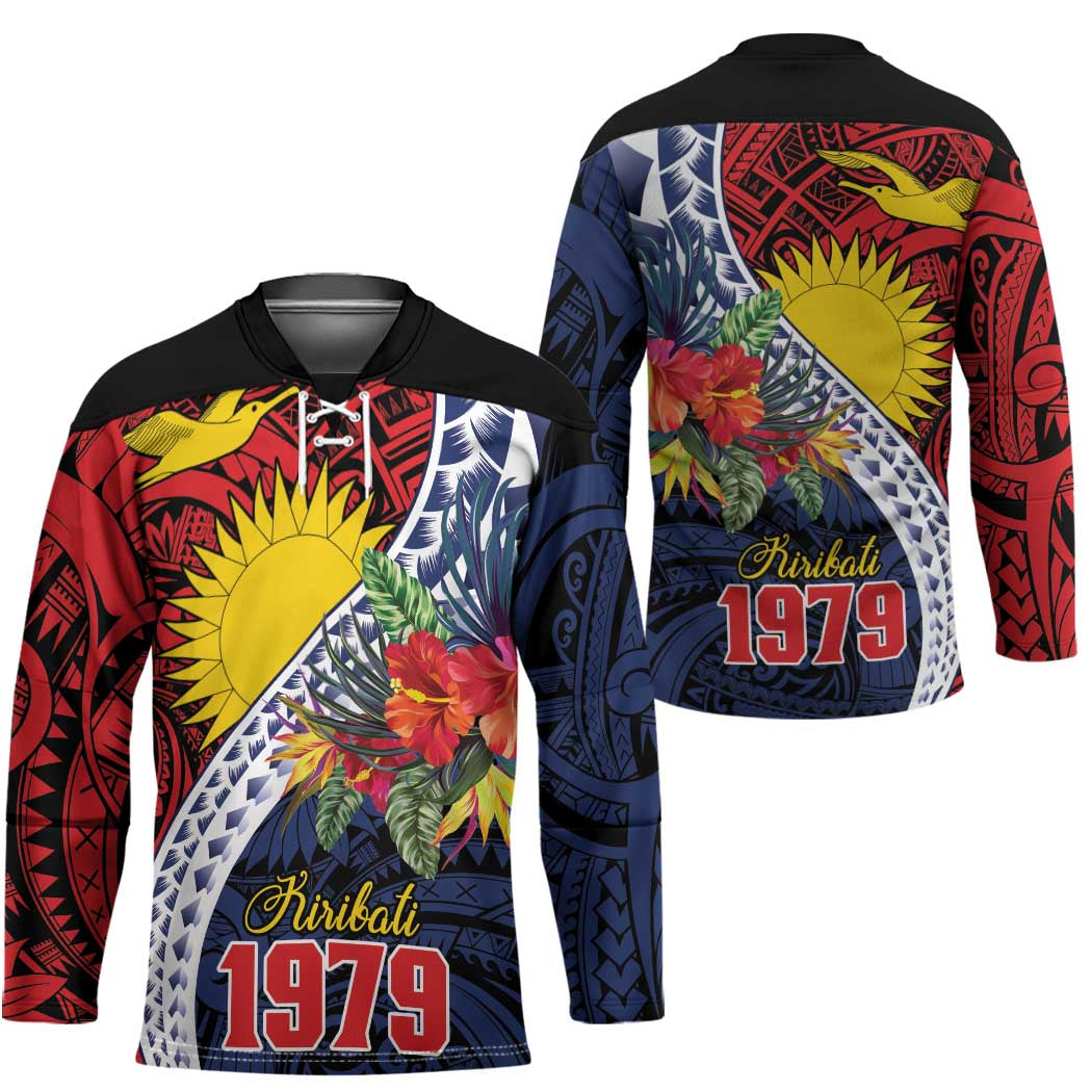 Flag of Kiribati Polynesian Pattern Hockey Jersey Est 1979 With Tropical Flowers - Polynesian Pride