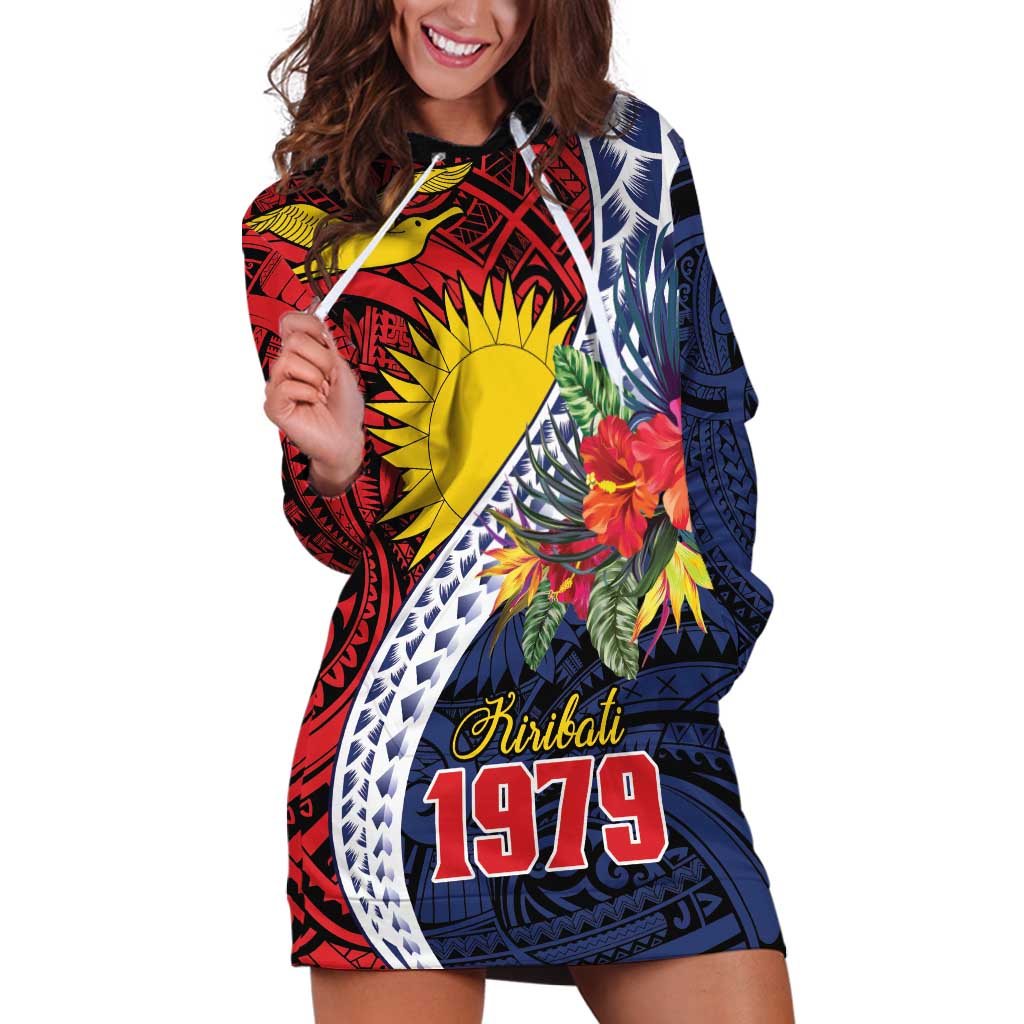 Flag of Kiribati Polynesian Pattern Hoodie Dress Est 1979 With Tropical Flowers LT9 Red - Polynesian Pride