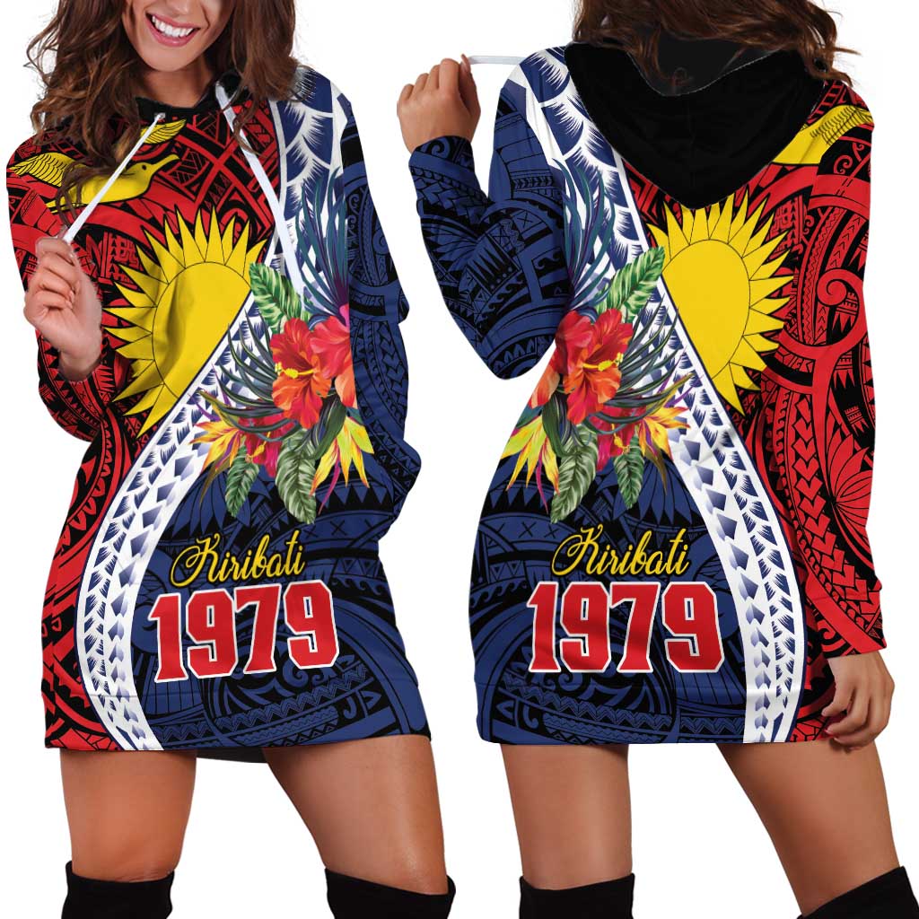 Flag of Kiribati Polynesian Pattern Hoodie Dress Est 1979 With Tropical Flowers LT9 - Polynesian Pride