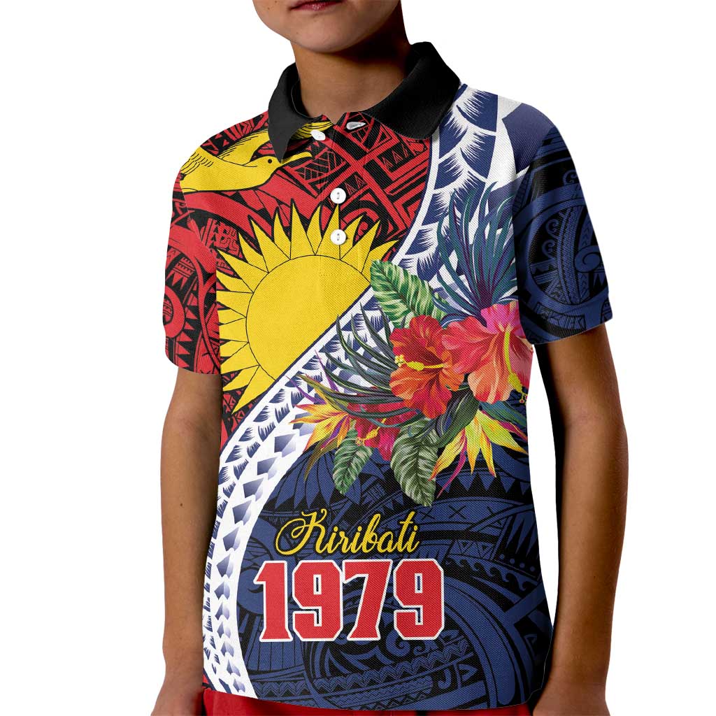 Flag of Kiribati Polynesian Pattern Kid Polo Shirt Est 1979 With Tropical Flowers LT9 Kid Red - Polynesian Pride